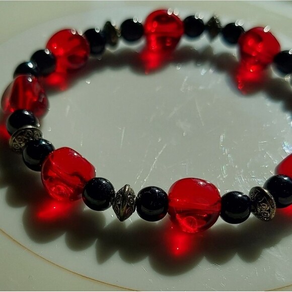 Handmade Red, Black, Silver Bracelet - Picture 10 of 12